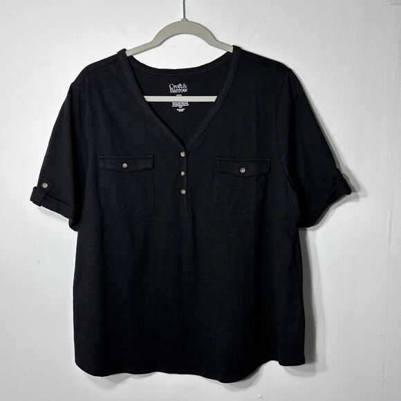Croft & Barrow Top Women’s SZ PXXL Black Roll-Tab V Neck Utility Henley Blouse - Picture 1 of 9